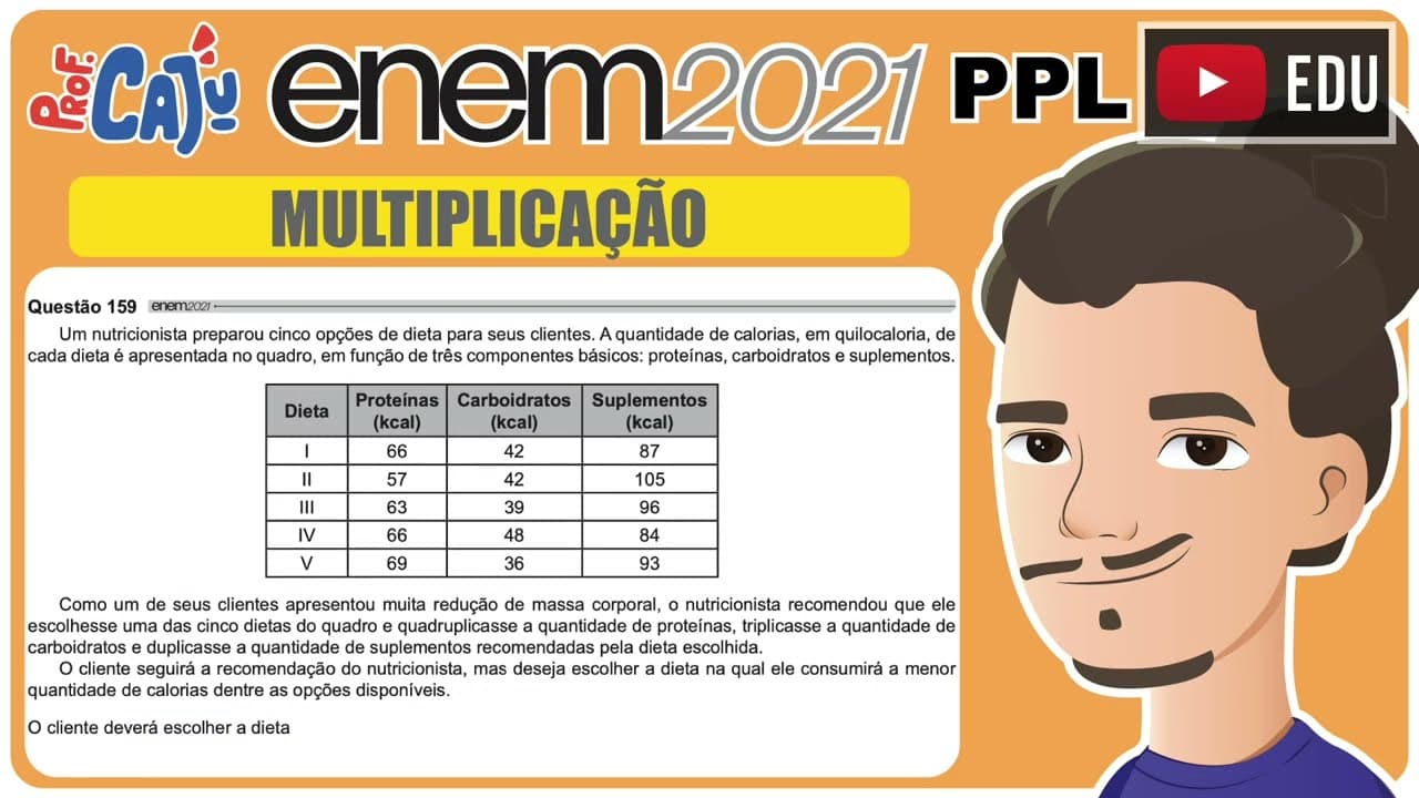 Thumbnail: [ENEM 2021 PPL] 159 📘 MULTIPLICAÇÃO Um nutricionista preparou cinco opções de dieta para seus