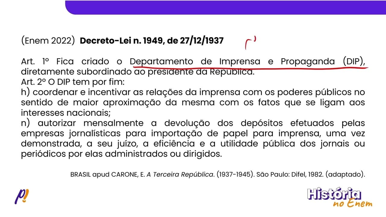 Thumbnail: ENEM 2022 - PRIMEIRA REPÚBLICA. A ERA VARGAS | Decreto-Lei n. 1949, de 27/12/1937...