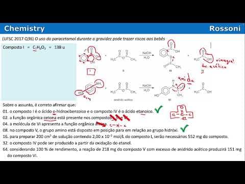 Thumbnail da aula: UFSC 2017 Questão 36 - Funções orgânicas - Soluções - Paracetamol e Ácido acetilsalicílico AAS
