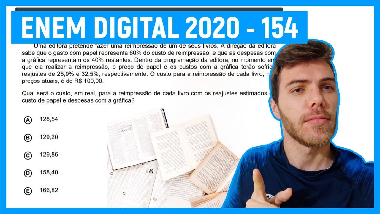 Thumbnail: 🛑Questão 154 Enem  DIGITAL 2020 - PORCENTAGEM E EQUAÇÃO - Uma editora pretende fazer uma reim...