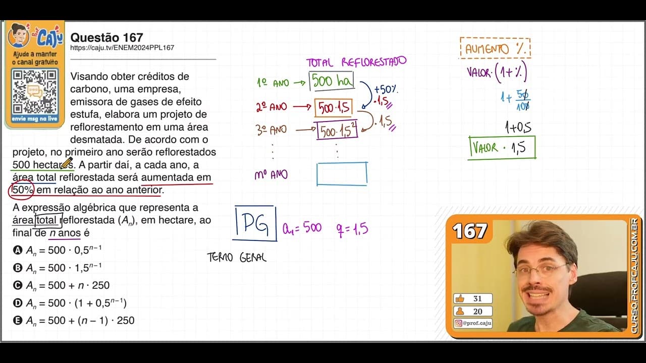 Thumbnail: [ENEM 2024 PPL] 167 📘 PROGRESSÃO GEOMÉTRICA Visando obter créditos de carbono, uma empresa, emissora