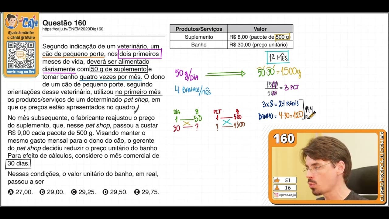Thumbnail: [ENEM 2020 DIG] 160 📘 ÁLGEBRA Segundo indicação de um veterinário, um cão de pequeno porte, nos dois