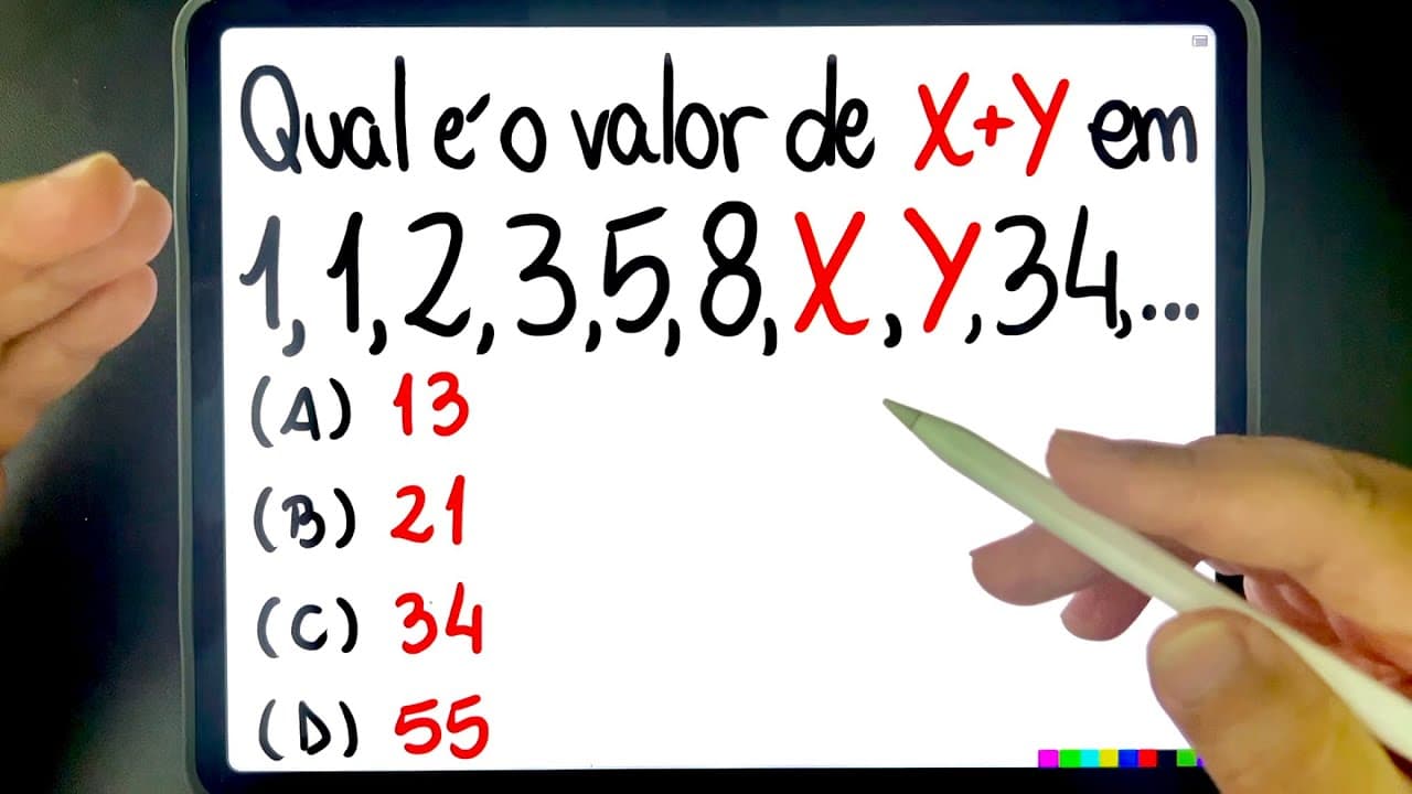 Thumbnail: 🔥 X+Y = ??? Qual é o VALOR DE X+Y NA SEQUÊNCIA FIBONACCI? Jeito difícil e jeito fácil de resolver!
