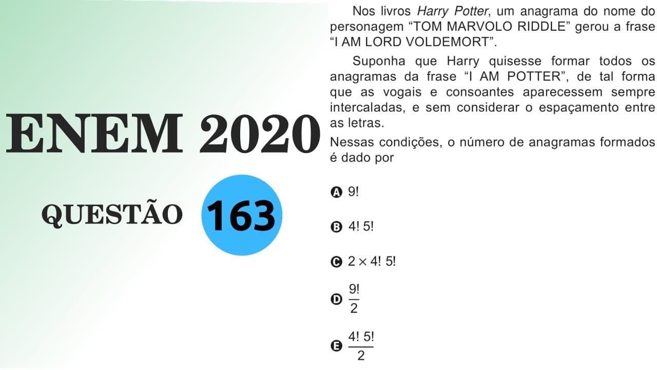 Thumbnail: ENEM 2020 | Tom Marvolo Riddle | Nos livros Harry Potter, um anagrama do nome do personagem tom
