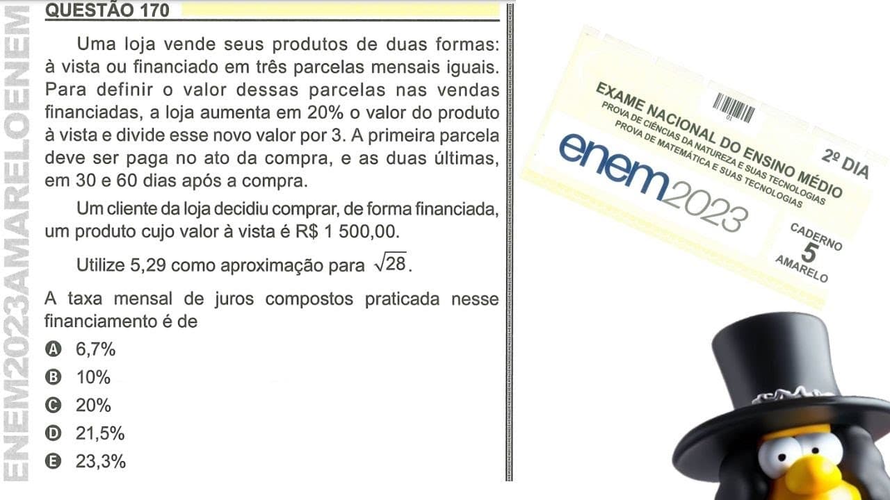 Thumbnail: (ENEM 2023)  JUROS COMPOSTOS   Uma loja vende seus produtos de duas formas: à vista ou financiado.