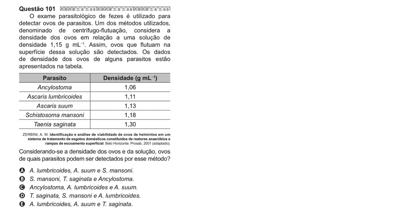 Thumbnail: ENEM 2020 - Hidrostática - O exame parasitológico de fezes é utilizado para detectar ovos