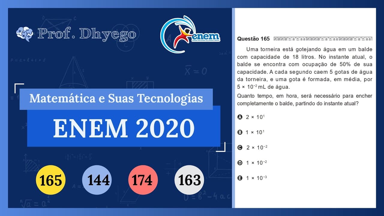 Thumbnail: Uma torneira está gotejando água em um balde com capacidade de 18 litros. No instante atual, o balde
