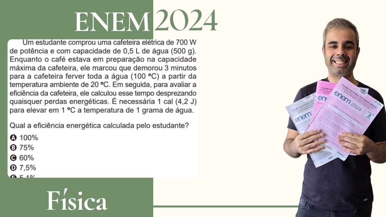 Thumbnail: (ANULADA) ENEM 2024 - Um estudante comprou uma cafeteira elétrica de 700 W de potência e com
