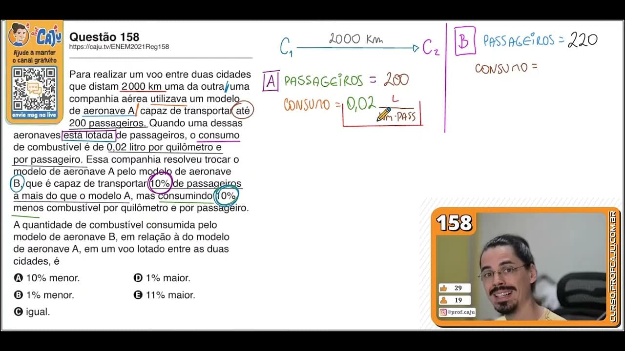 Thumbnail: [ENEM 2021] 158 📘 PORCENTAGEM Para realizar um voo entre duas cidades que distam 2 000 km uma da