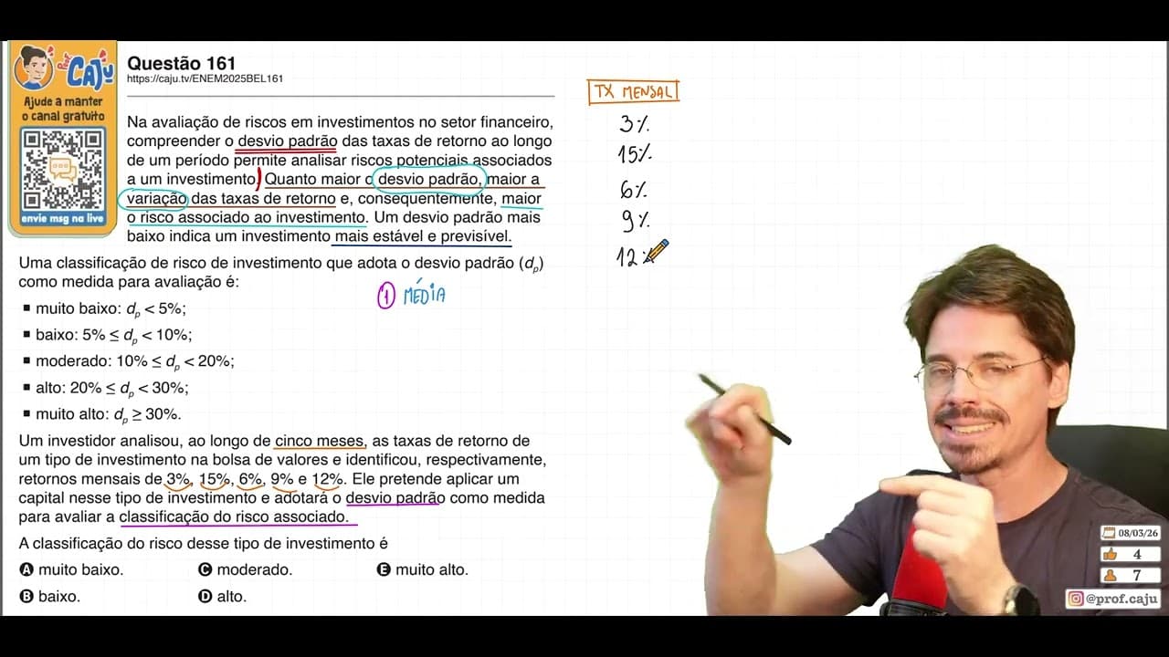 Thumbnail: [ENEM 2025 Belém] 161 📘 DESVIO PADRÃO Na avaliação de riscos em investimentos no setor financeiro