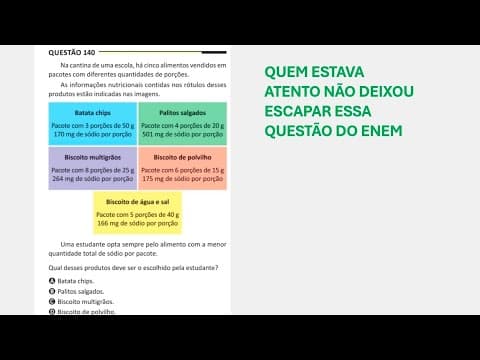 Thumbnail da aula: ENEM 2025 - Matemática - Questão 140 (Caderno Amarelo) Na cantina de uma escola, há cinco alimentos