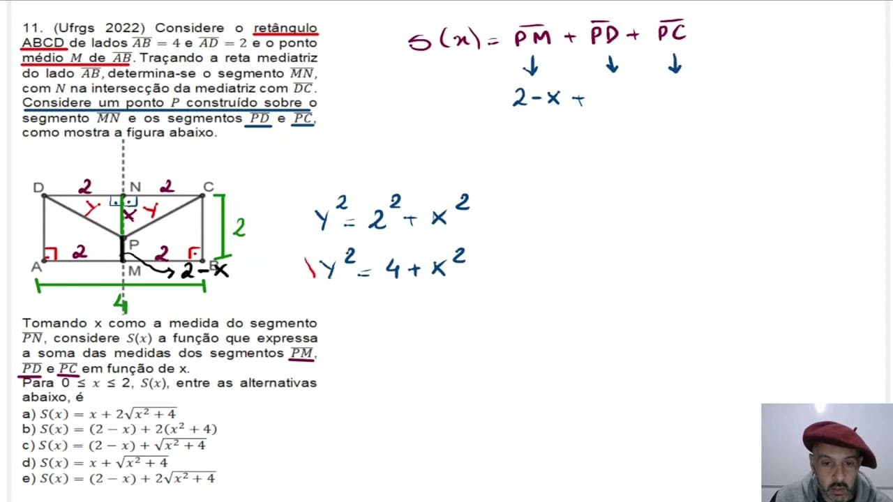 Thumbnail: UFRGS 2022 - Considere o retângulo ABCD de lados AB = 4 e AD = 2 e o ponto médio M de AB. Traçando a