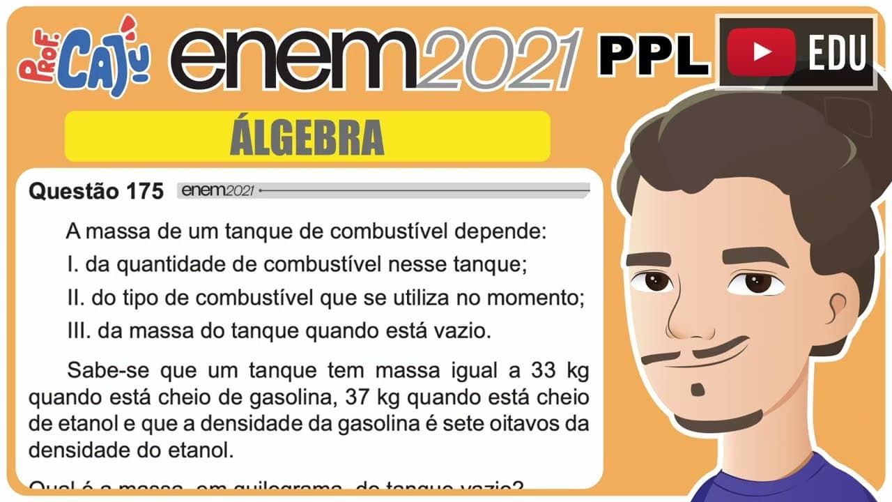 Thumbnail: [ENEM 2021 PPL] 175 📘 ÁLGEBRA A massa de um tanque de combustível depende:I. da quantidade de