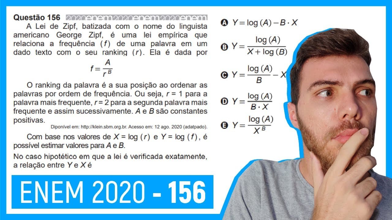Thumbnail: 🛑Questão 156 Enem  2020 - Resolução Passo a Passo -  A Lei de Zipf, batizada com o nome do lin..
