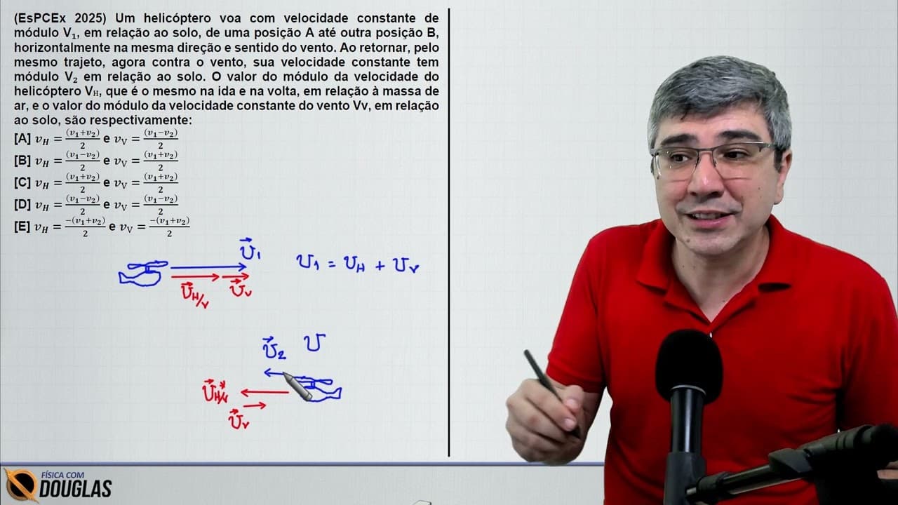 Thumbnail: (EsPCEx 2025) Um helicóptero voa com velocidade constante de módulo V₁, em relação ao solo