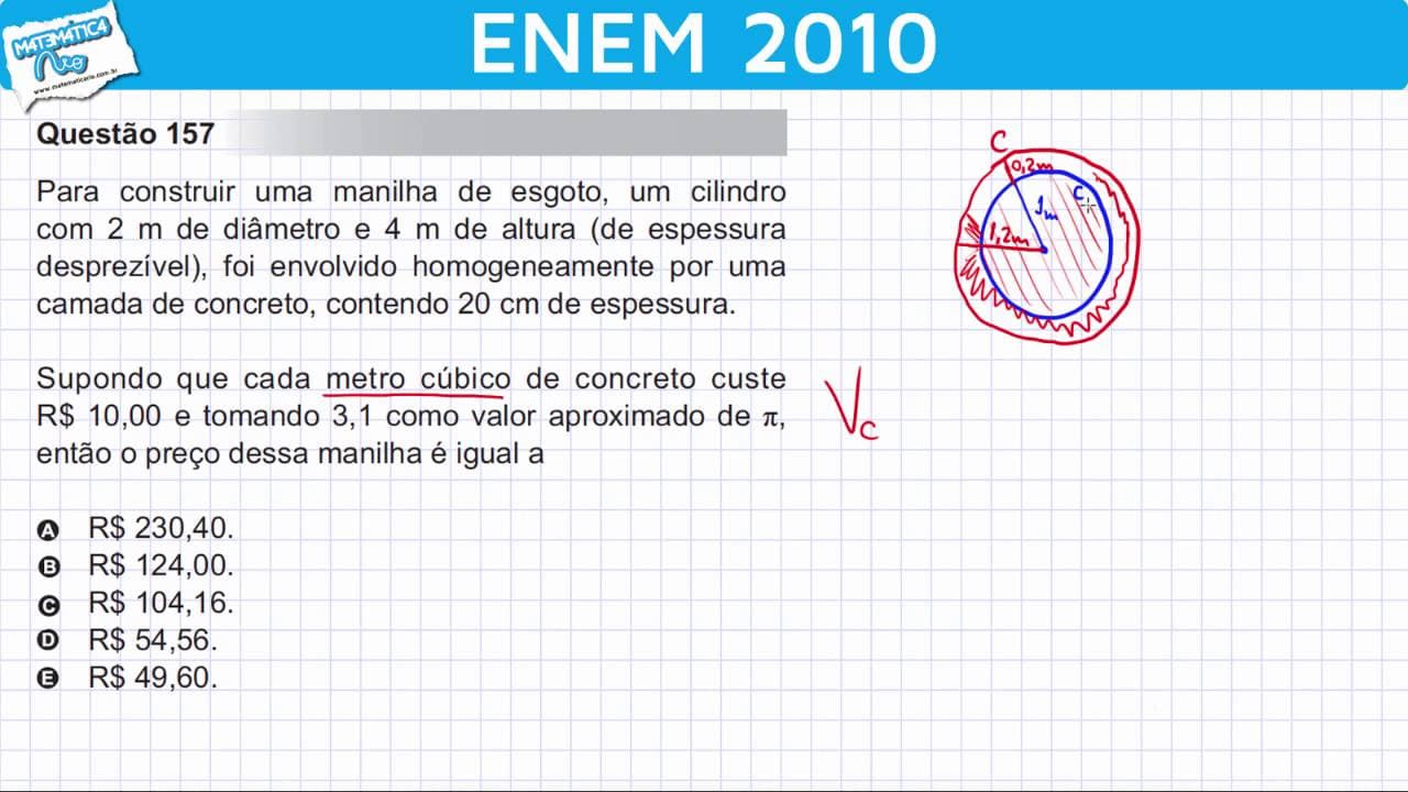 Thumbnail: ENEM 2010 Matemática #22 - Volume do Cilindro e Preço de uma Manilha