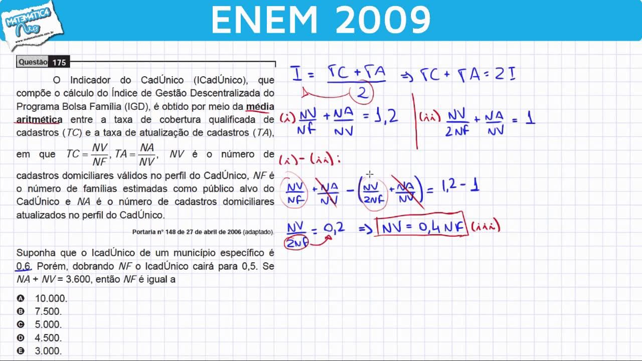 Thumbnail: ENEM 2009 Matemática #40 - Média Aritmética, Equação e Bolsa Família (questão difícil)