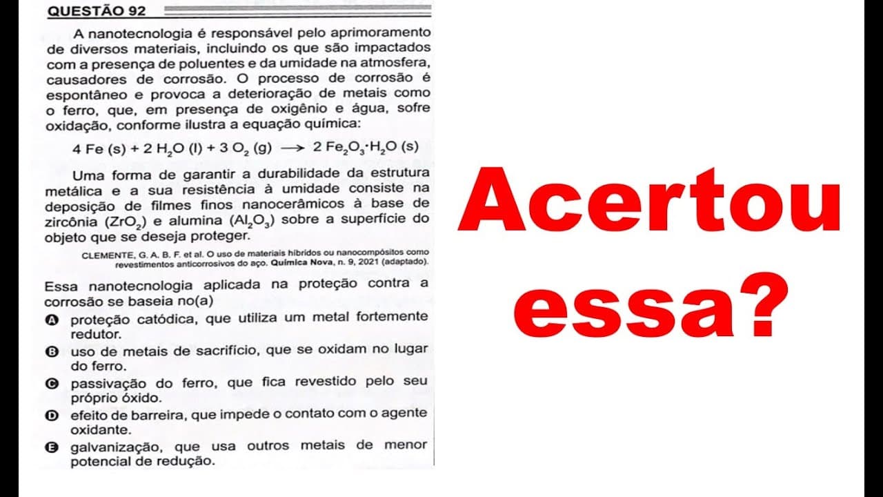 Thumbnail: Questão de química do Enem 2022 - 92 prova rosa