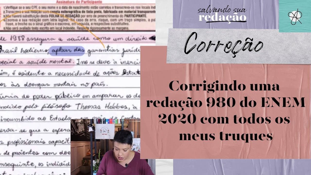 Thumbnail: Corrigindo uma redação 980 do ENEM 2020 com todos os meus truques | Jana Rabelo