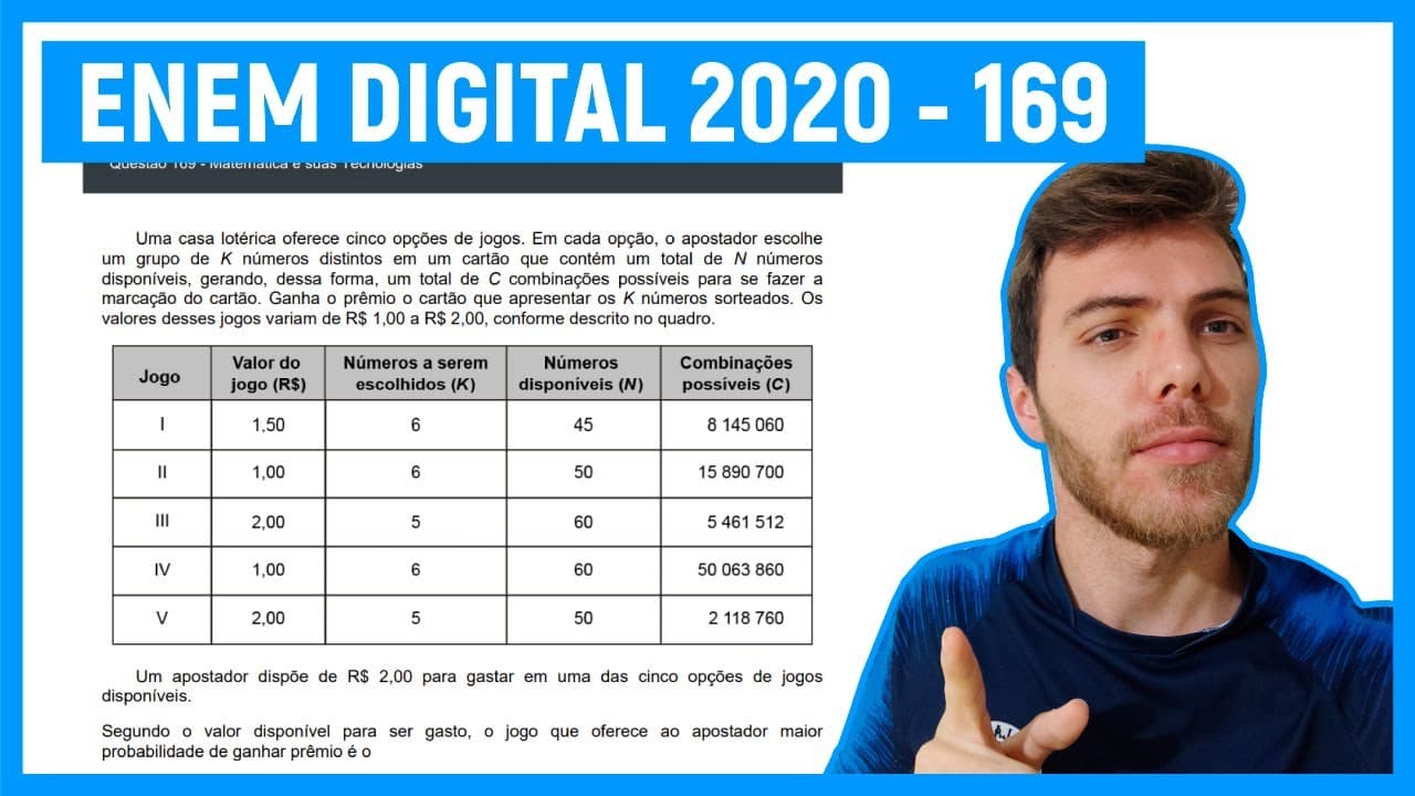 Thumbnail: 🛑PROBABILIDADE - Questão 169 Enem DIGITAL 2020 - Uma casa lotérica oferece cinco opções de...