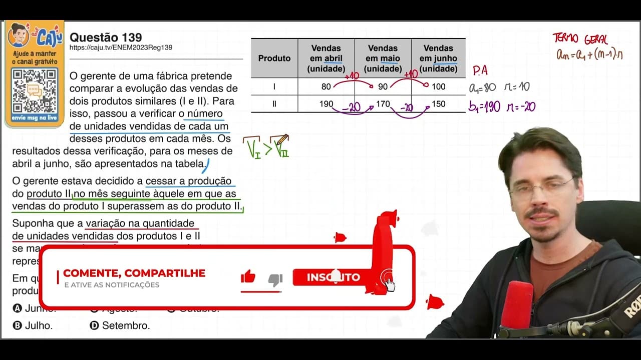 Thumbnail: [ENEM 2023] 139 📘 PROGRESSÃO ARITMÉTICA O gerente de uma fábrica pretende comparar a evolução das