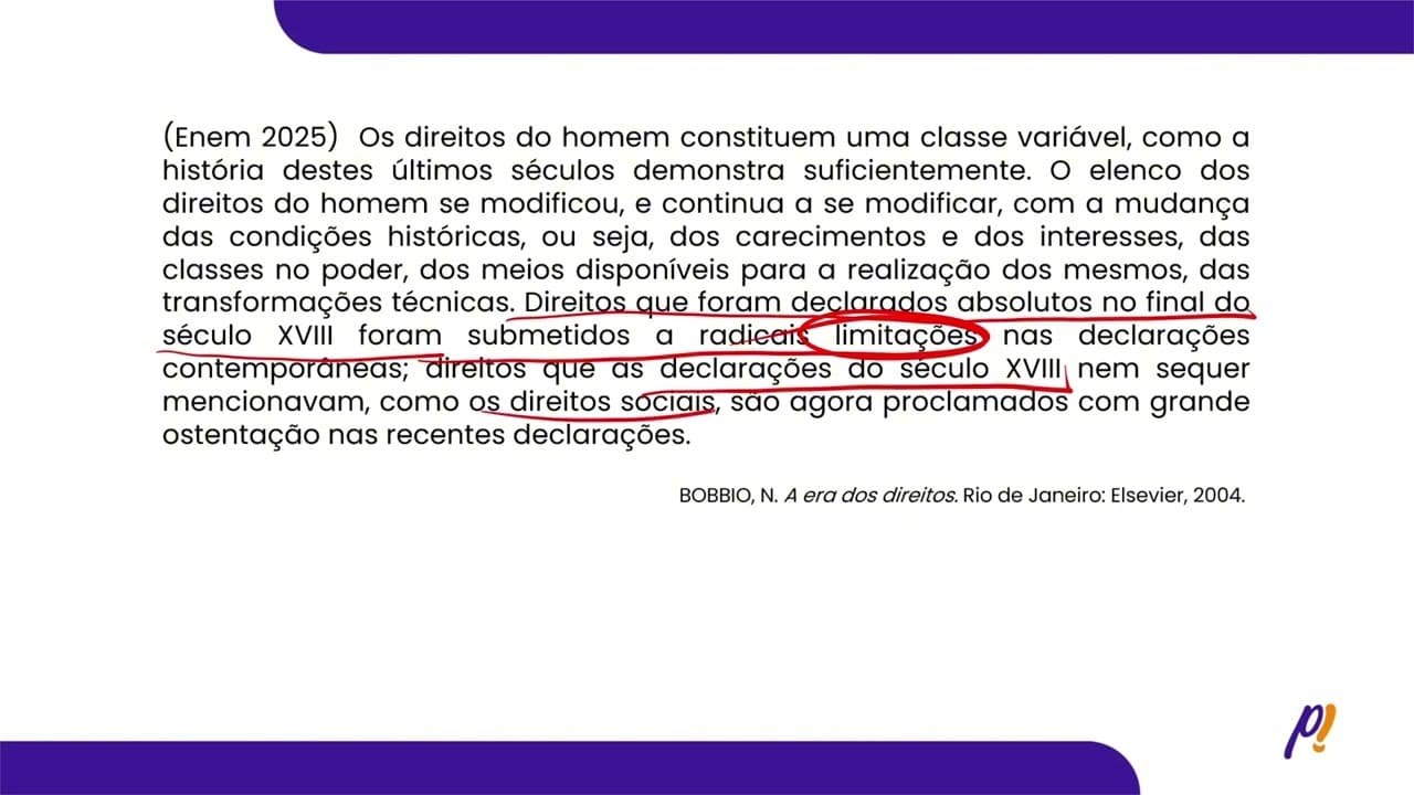 Thumbnail: ENEM 2025 | Os direitos do homem constituem uma classe variável, como a história destes últimos...