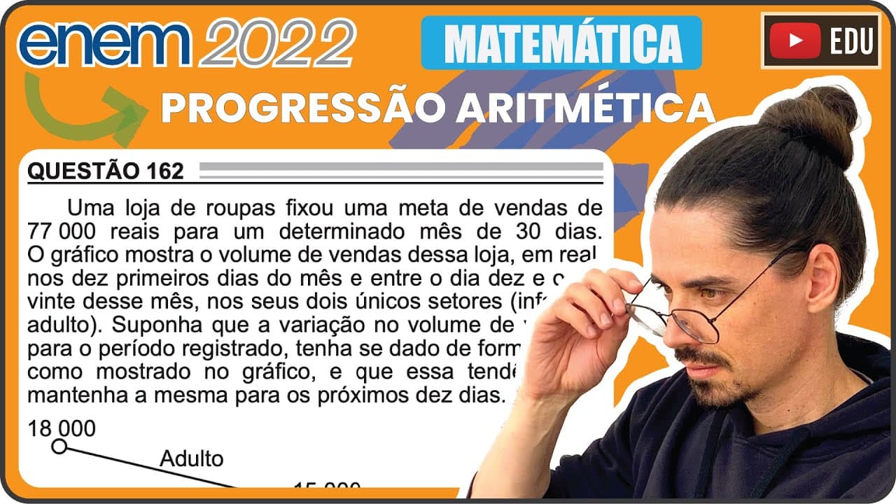 Thumbnail: [ENEM 2022] 162 📘 PROGRESSÃO ARITMÉTICA Uma loja de roupas fixou uma meta de vendas de 77 000 reais