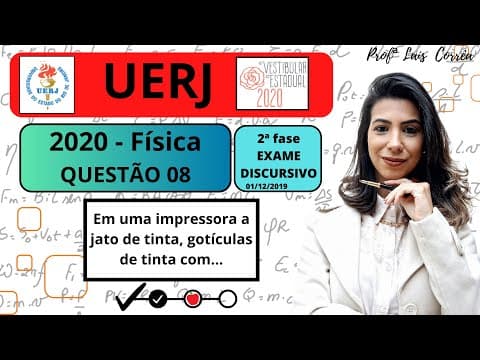 Thumbnail da aula: 🔵 FÍSICA/ UERJ 2020 /QUESTÃO 08 / 2ª FASE /Em uma impressora a jato de tinta, gotículas de tinta ...
