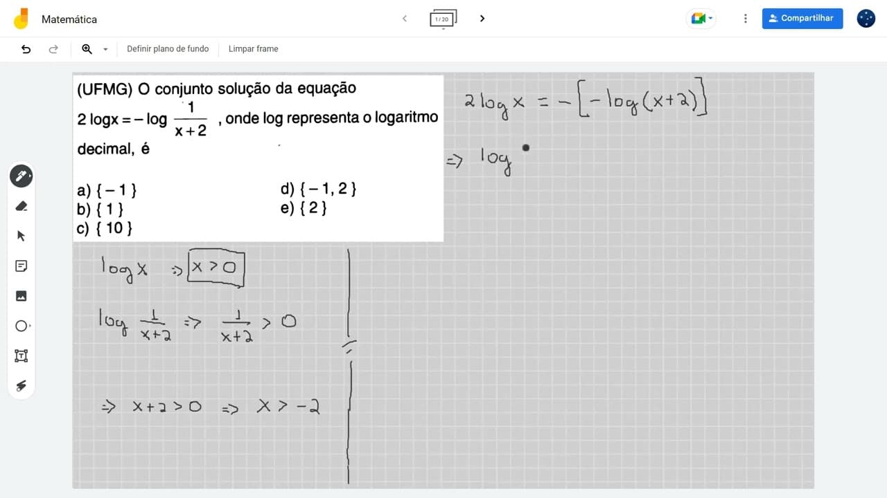 Thumbnail: (UFMG) O conjunto solução da equação 2 logx = −log[1/(x+2)]