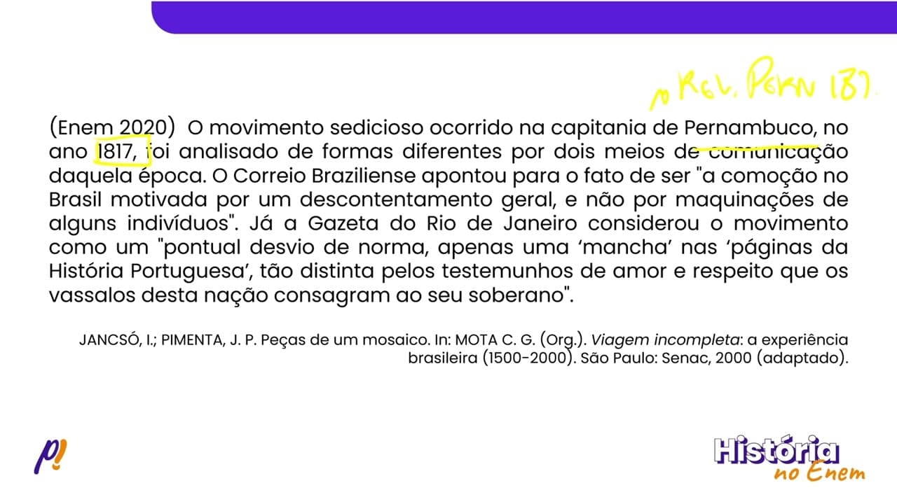 Thumbnail: ENEM 2020 - BRASIL IMPERIAL | O movimento sedicioso ocorrido na capitania de Pernambuco...