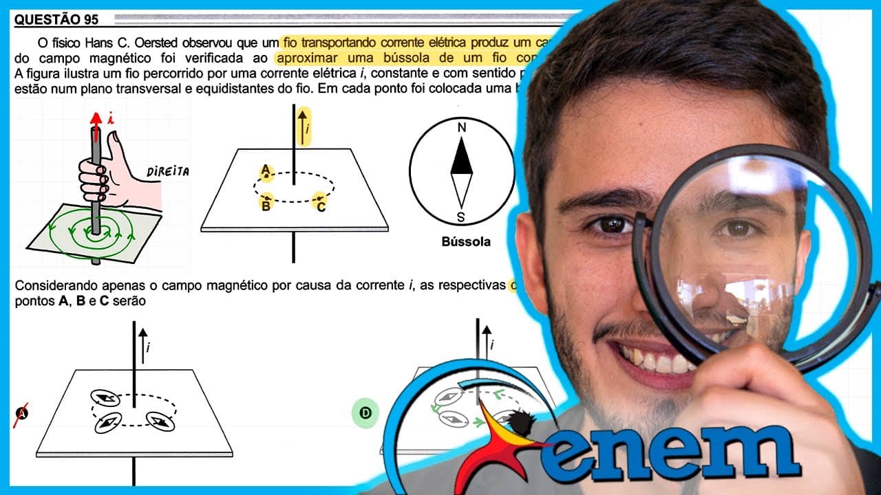 Thumbnail: ENEM 2022 - O físico Hans C. Oersted observou que um fio transportando corrente elétrica produz um c