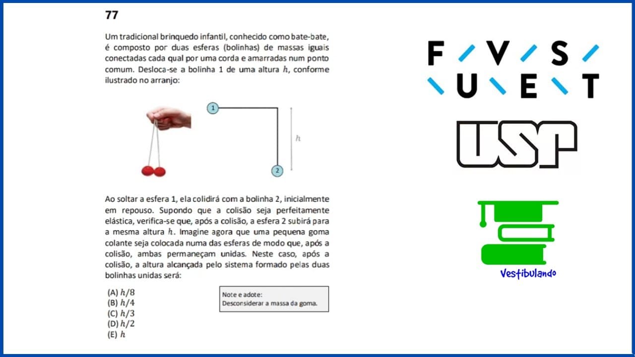 Thumbnail: RESOLUÇÃO Fuvest 2023 | Física - Choque elástico/inelástico | Vestibulando