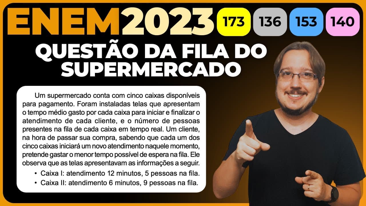 Thumbnail: ENEM 2023 || Aritmética || Um supermercado conta com cinco caixas disponíveis para pagamento. Foram