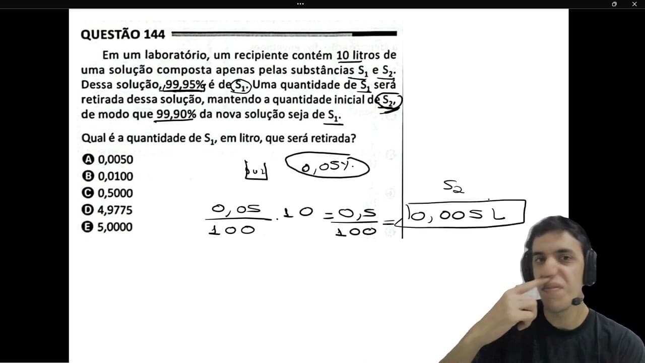 Thumbnail: (Enem 2025 - Matemática) Em um laboratório, um recipiente contém 10 litros de uma solução composta a