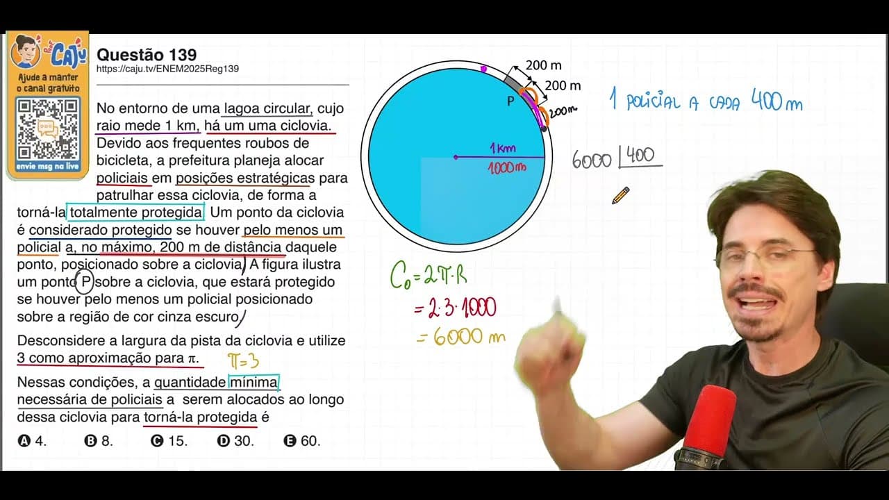 Thumbnail: [ENEM 2025] 139 📘 GEOMETRIA PLANA No entorno de uma lagoa circular, cujo raio mede 1 km, há um uma