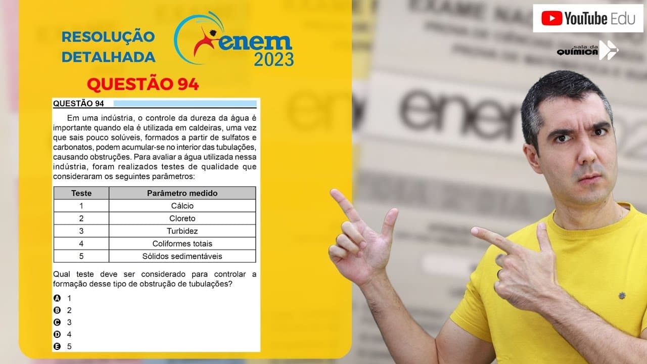 Thumbnail: QUÍMICA ENEM 2023! "Em uma indústria, o controle da dureza da água é importante quando ela é ..."