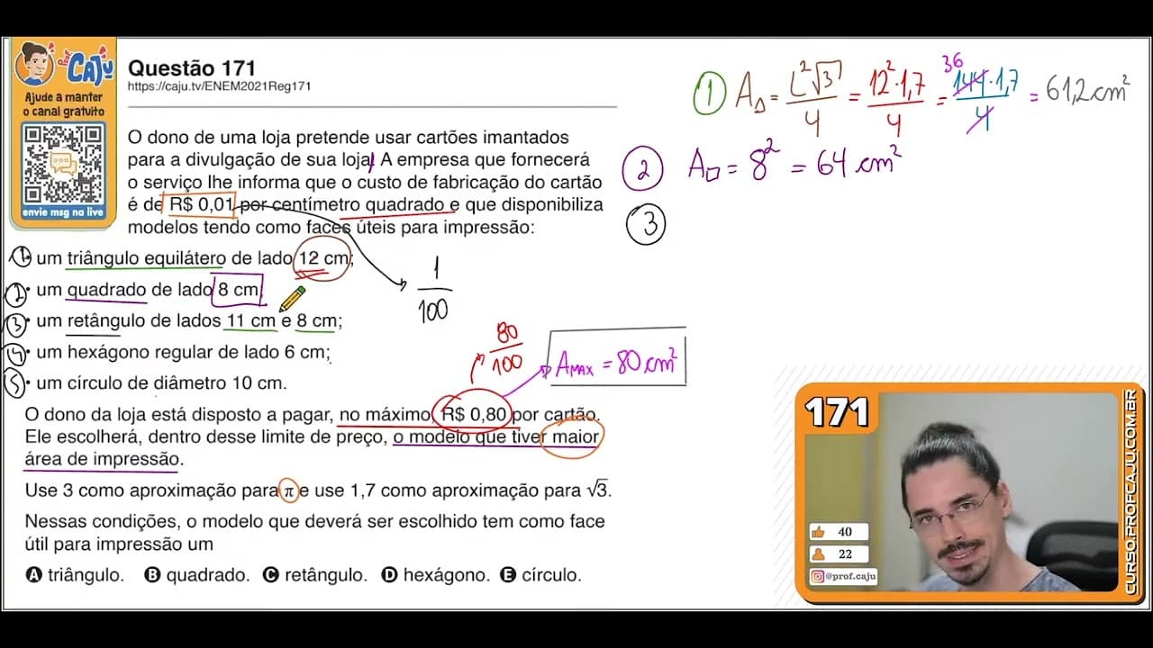Thumbnail: [ENEM 2021] 171 📘 GEOMETRIA PLANA O dono de uma loja pretende usar cartões imantados para a