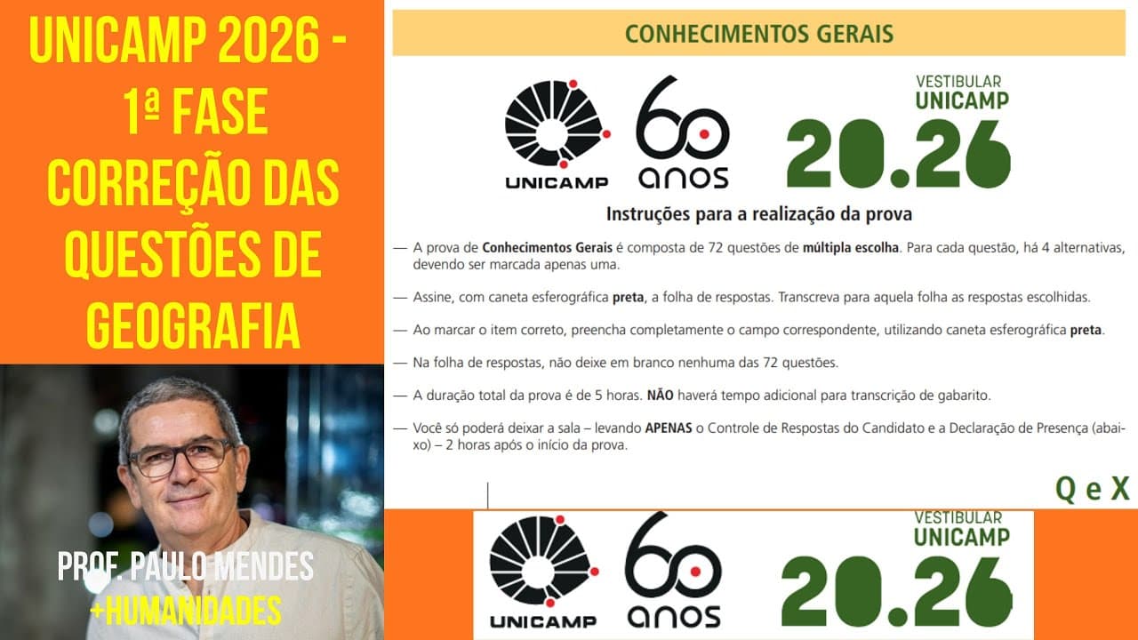Thumbnail: UNICAMP 2026: CORREÇÃO DAS QUESTÕES DE GEOGRAFIA DA 1ª FASE