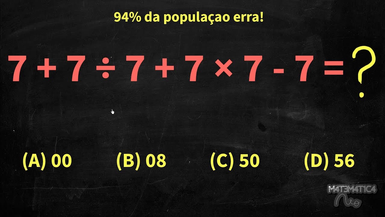 Thumbnail: PEMDAS (Ordem das Operações) - 94% das pessoas erra essa conta: 7+7/7+7*7-7 | Matemática Rio
