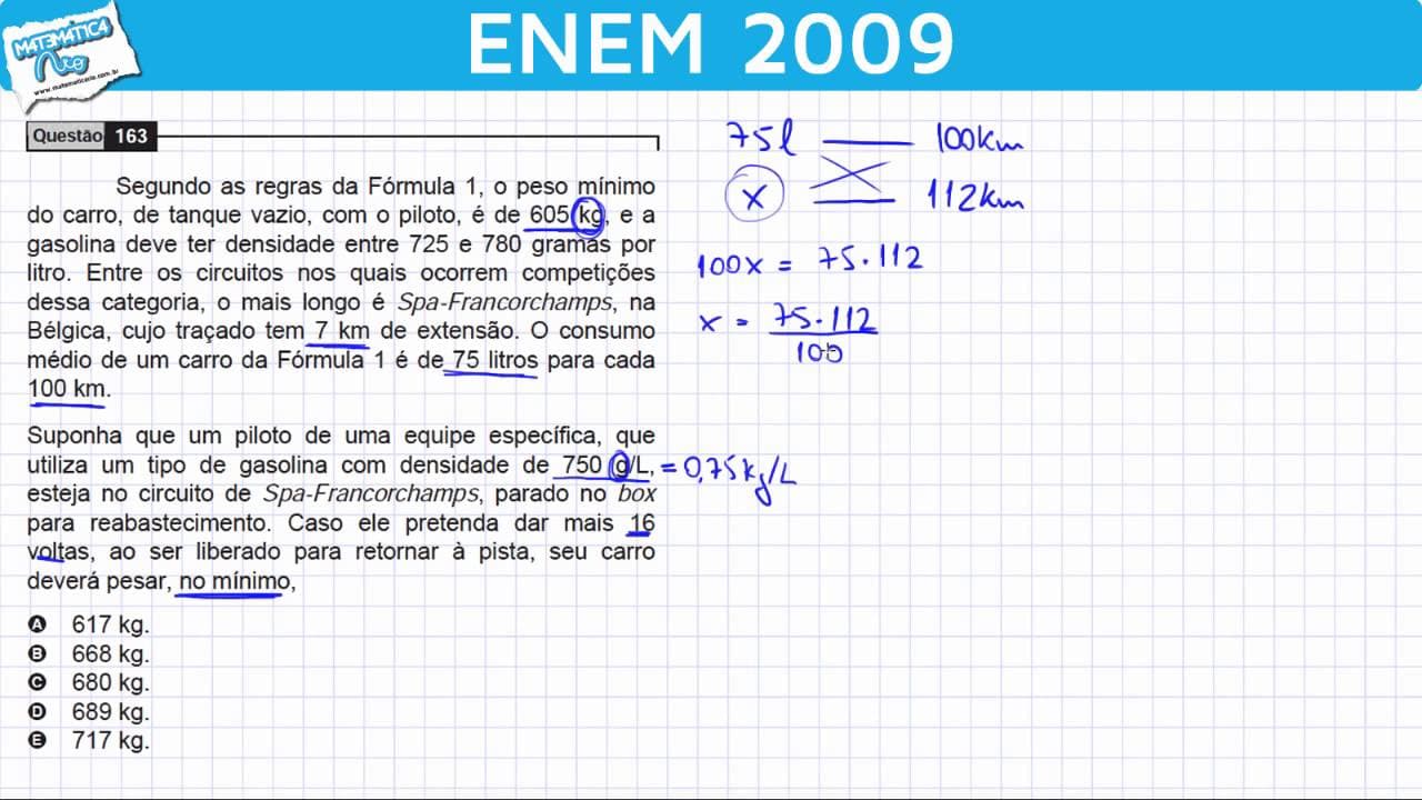Thumbnail: ENEM 2009 Matemática #28 - Regra de Três e Peso do Carro da Fórmula 1