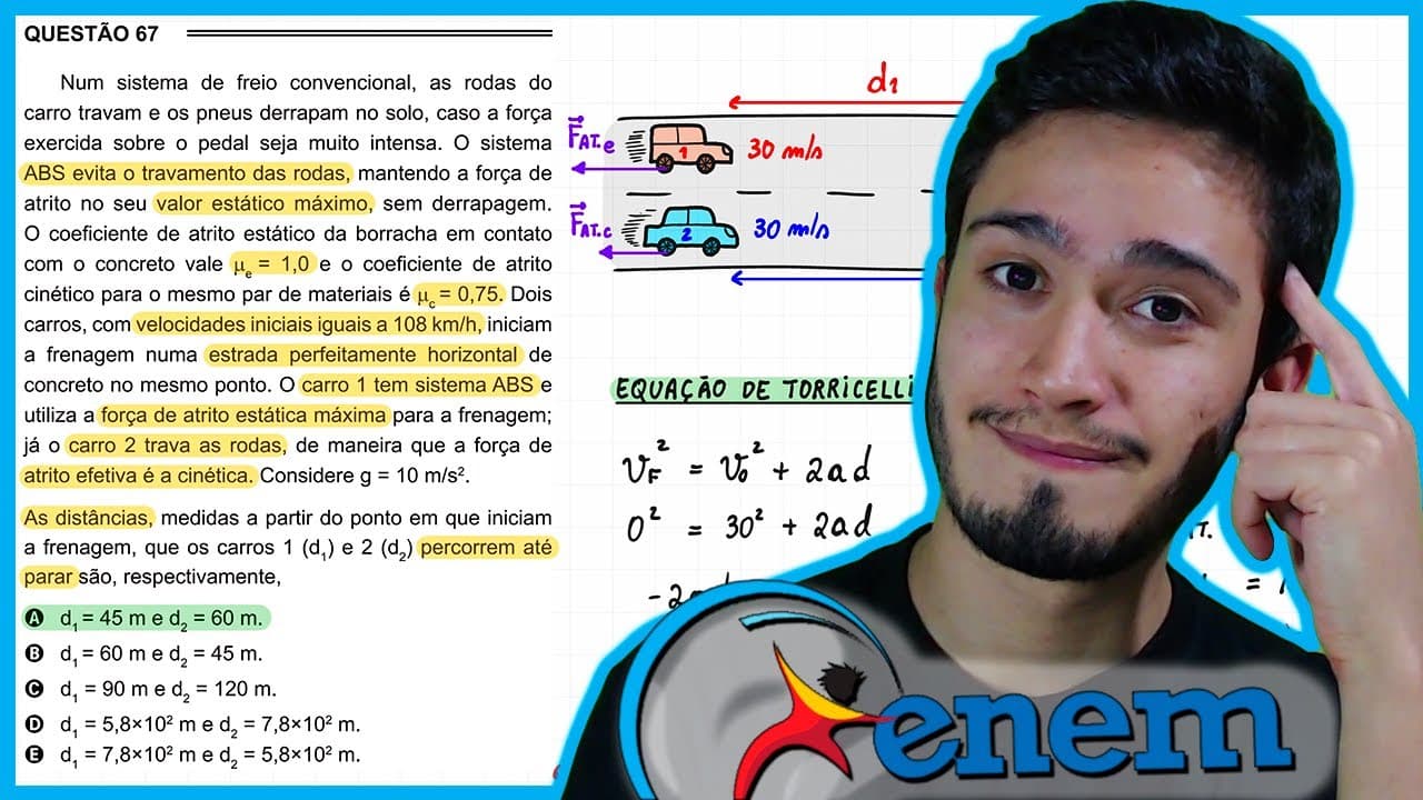 Thumbnail: ENEM 2015 PPL - Num sistema de freio convencional, as rodas do carro travam e os pneus derrapam no s
