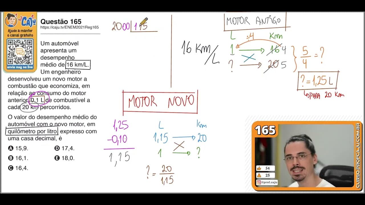 Thumbnail: [ENEM 2021] 165 📘 RAZÃO E PROPORÇÃO Um automóvel apresenta um desempenho médio de 16 km/L. Um