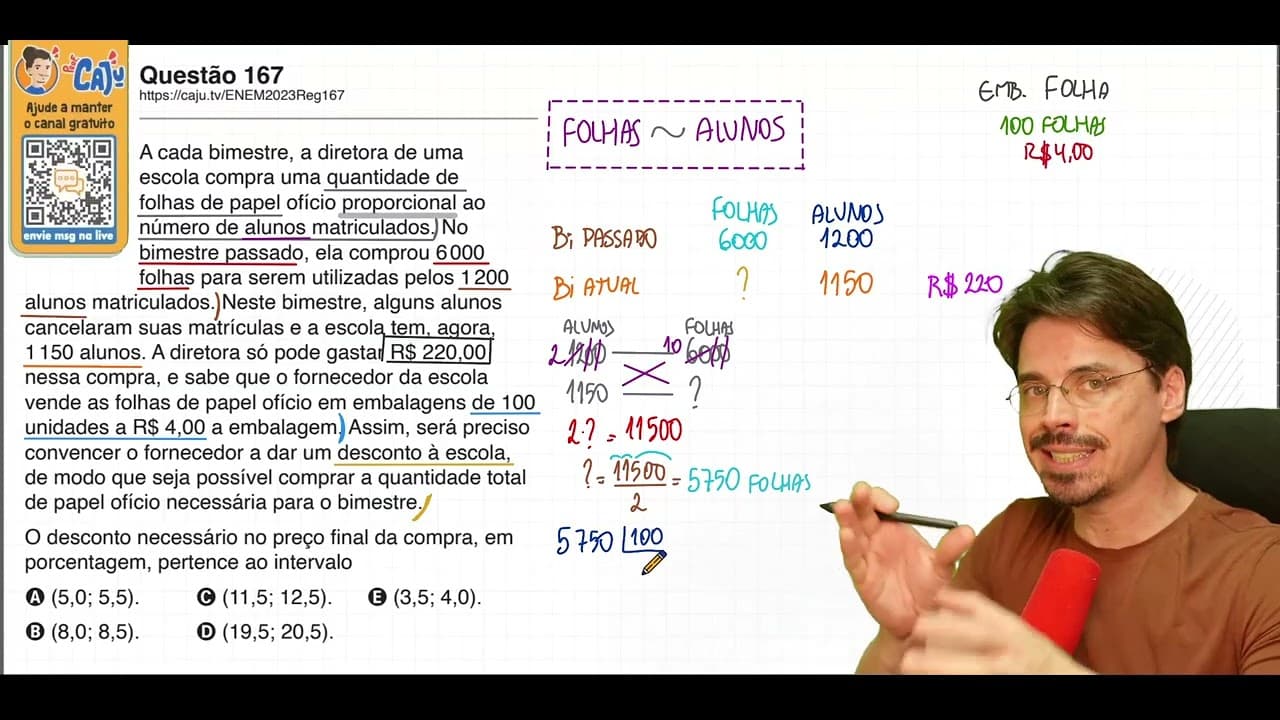 Thumbnail: [ENEM 2023] 167 📘 RAZÃO E PROPORÇÃO A cada bimestre, a diretora de uma escola compra uma