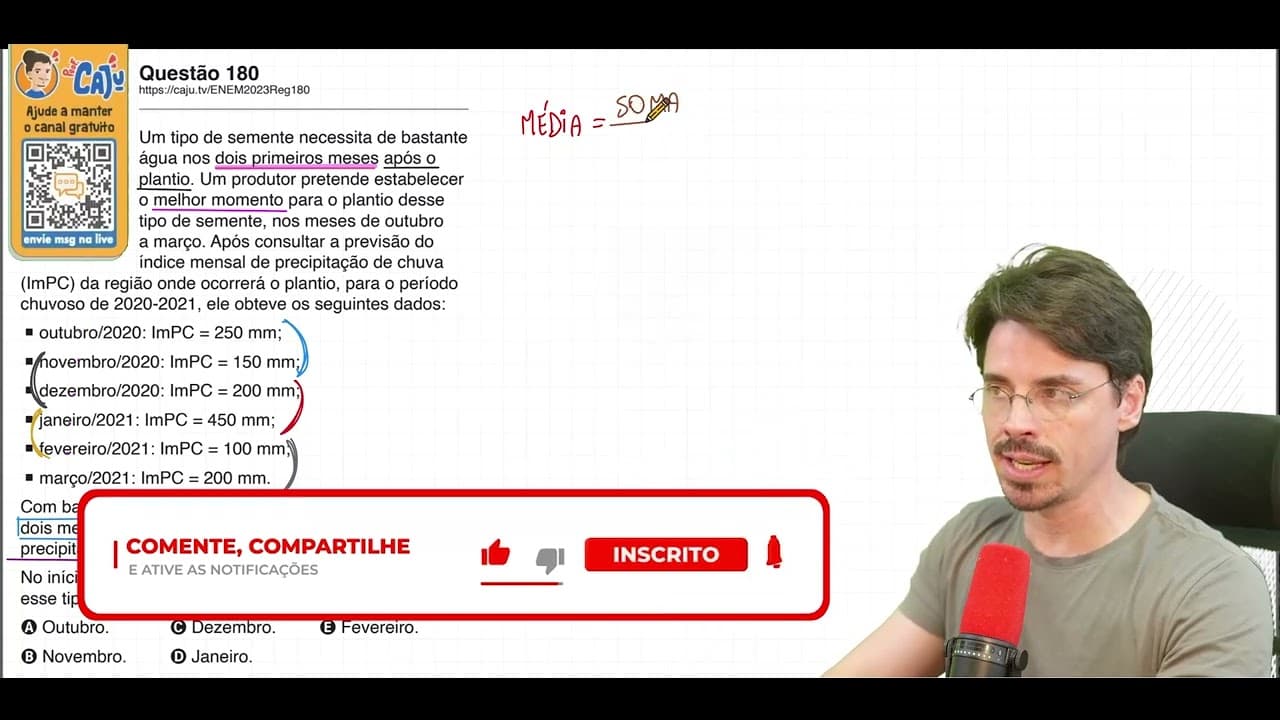 Thumbnail: [ENEM 2023] 180 📘 MÉDIA ARITMÉTICA Um tipo de semente necessita de bastante água nos dois