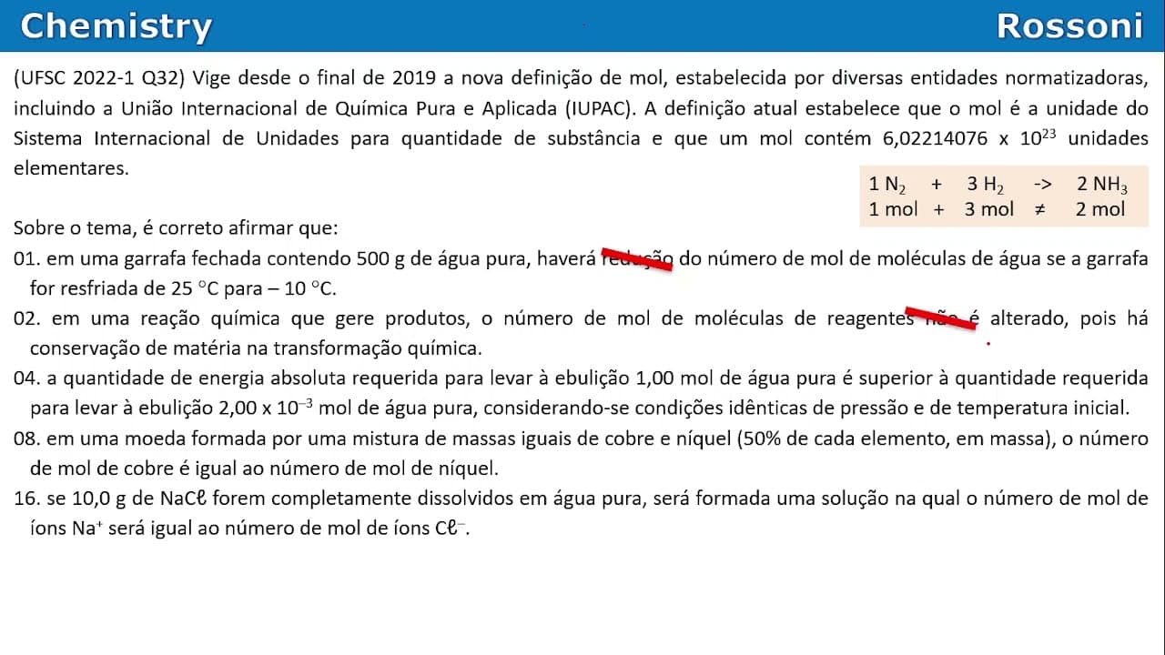 Thumbnail: UFSC 2022 verão - Questão 32 - Cálculos químicos e o novo conceito de mol