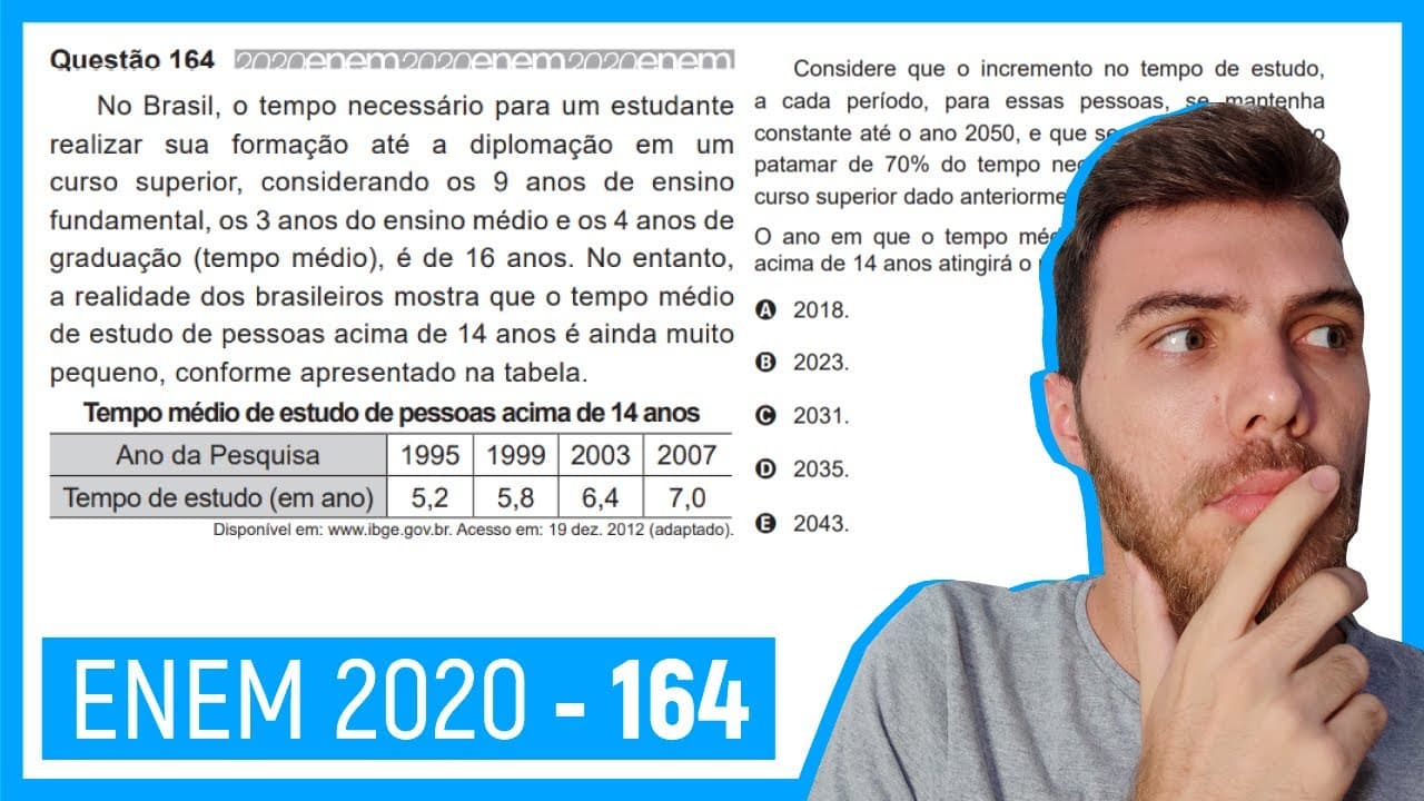 Thumbnail: 🛑Questão 164 Enem 2020 - Resolução Passo a Passo -  No Brasil, o tempo necessário para um est..