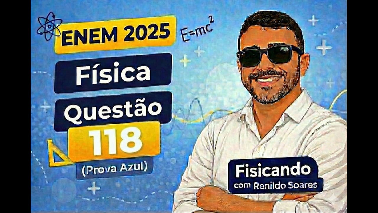 Thumbnail: ENEM 2025 Física Questão 118 (Caderno 07 Azul) Resolvida com revisão dos conteúdos.