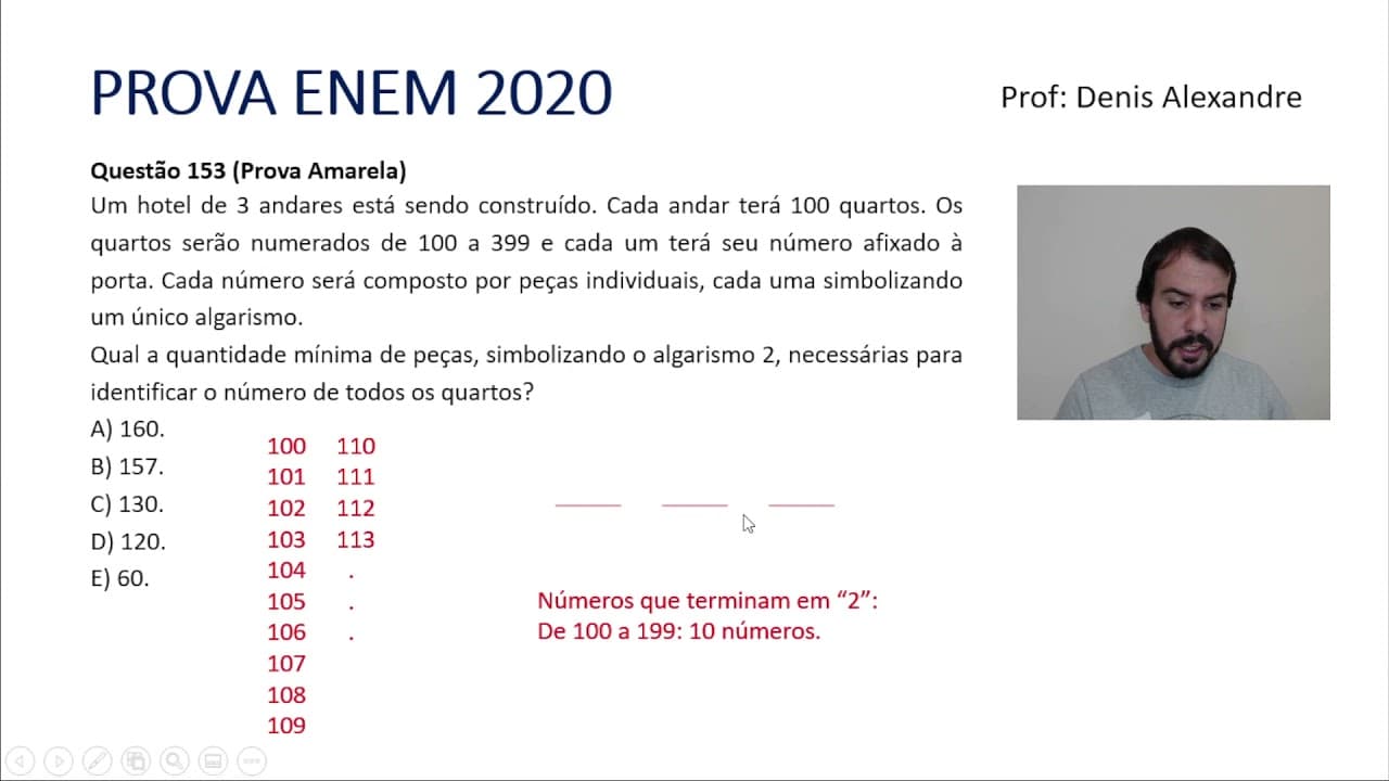 Thumbnail: Questão ENEM 2020 - Número dos quartos do hotel (Contagem | Lógica)
