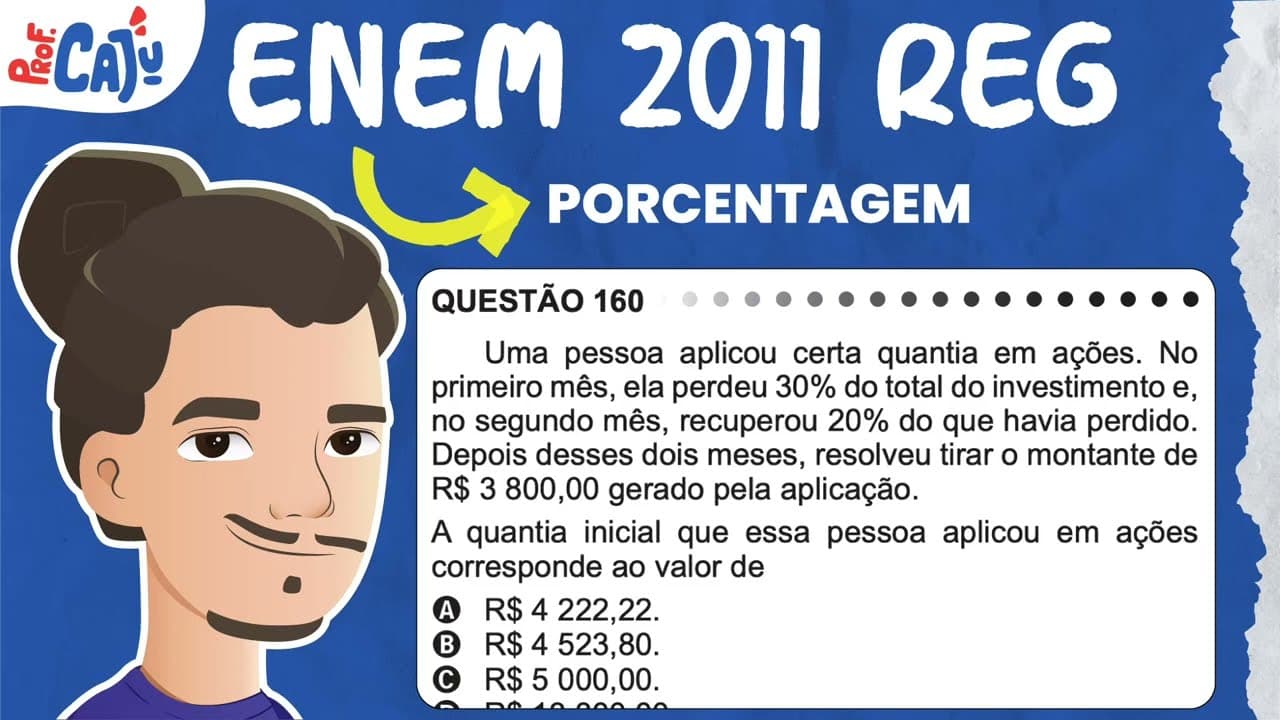 Thumbnail: [ENEM 2011] 160 📘 PORCENTAGEM Uma pessoa aplicou certa quantia em ações. No primeiro mês, ela perdeu
