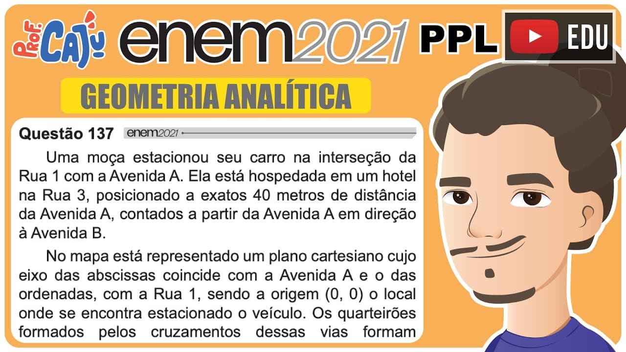 Thumbnail: [ENEM 2021 PPL] 137 📘 GEOMETRIA ANALÍTICA Uma moça estacionou seu carro na interseção da Rua 1 com a